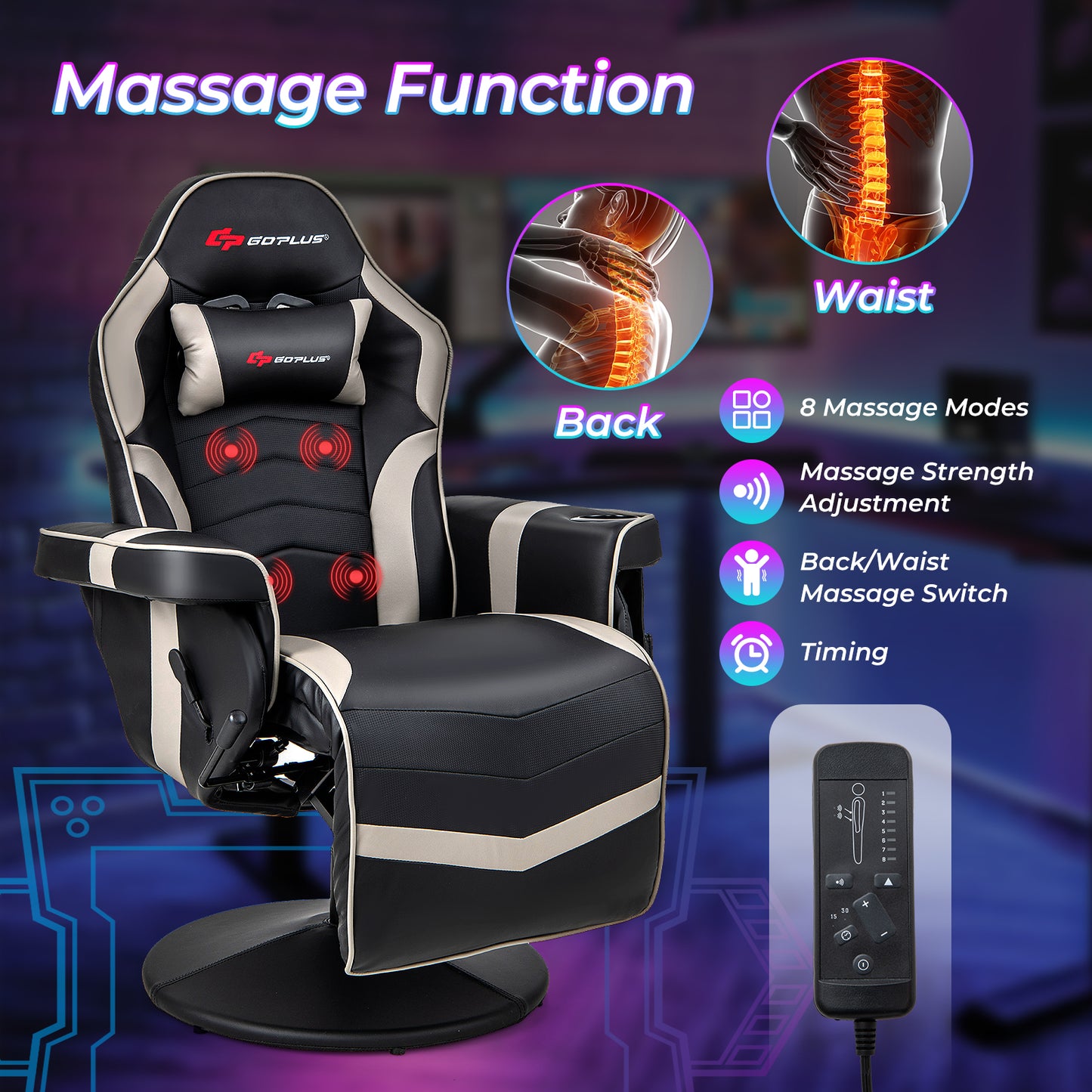 Gaming Recliner Chair with Massage and Adjustable Height
