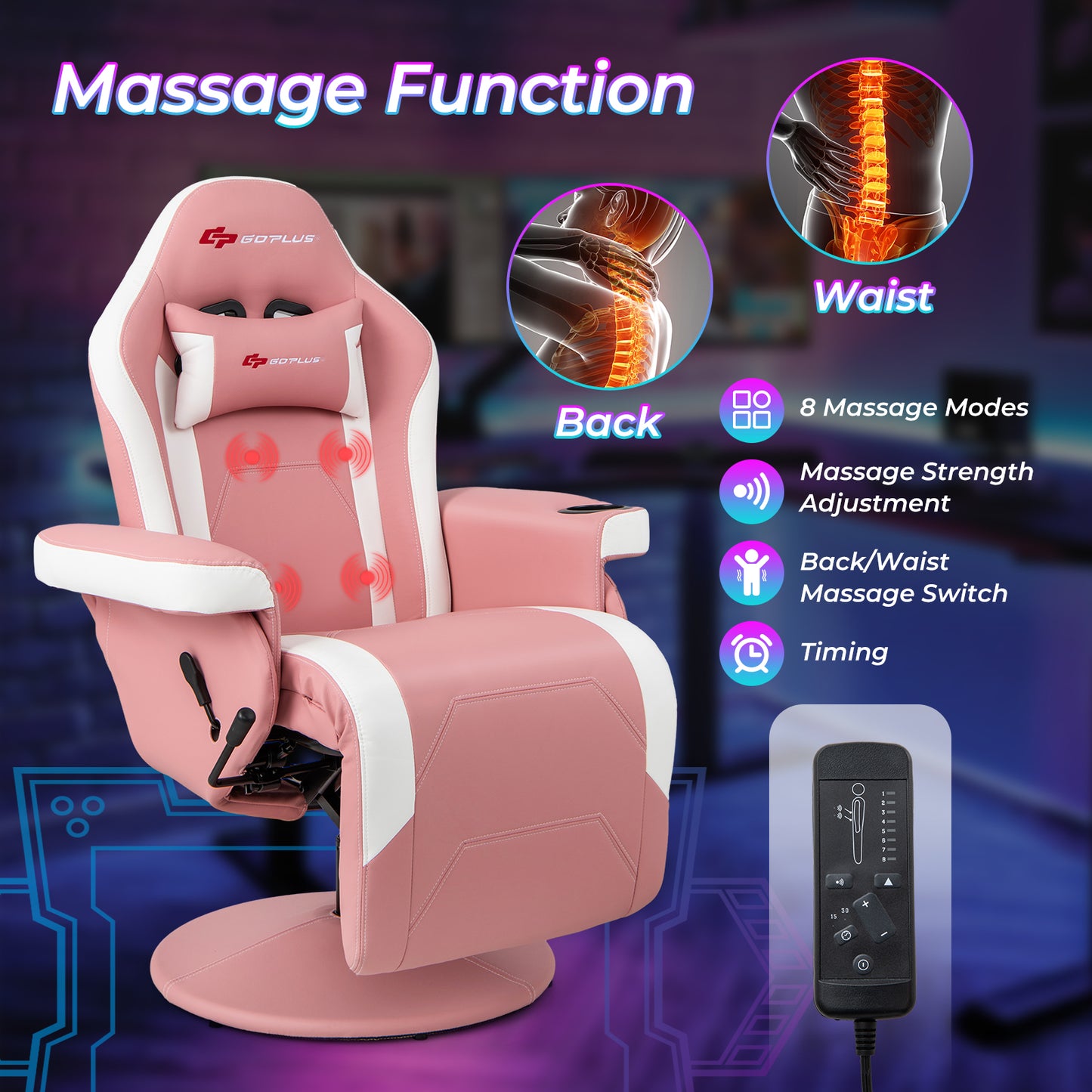 Gaming Recliner Chair with Massage and Adjustable Height