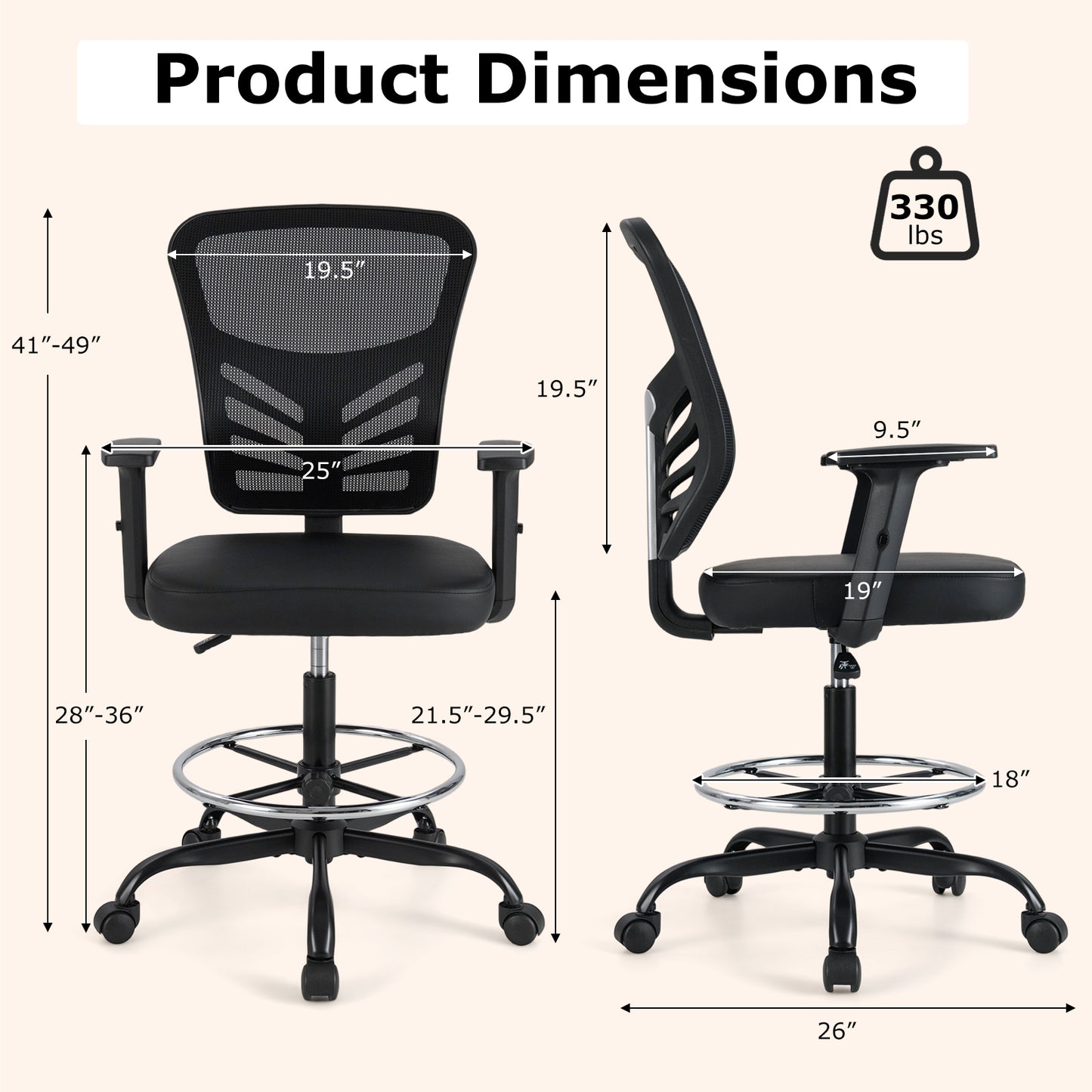 Mesh Drafting Chair with Adjustable Footrest Ring
