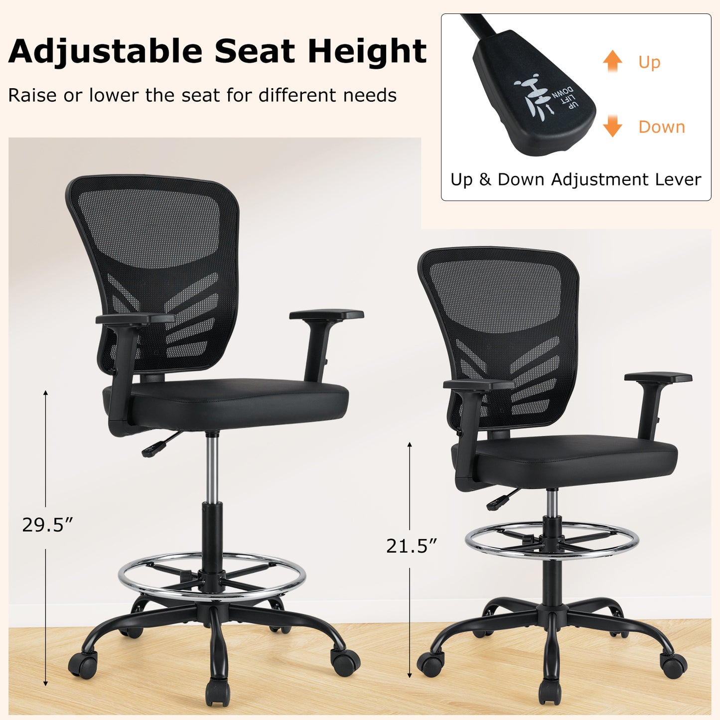 Mesh Drafting Chair with Adjustable Footrest Ring