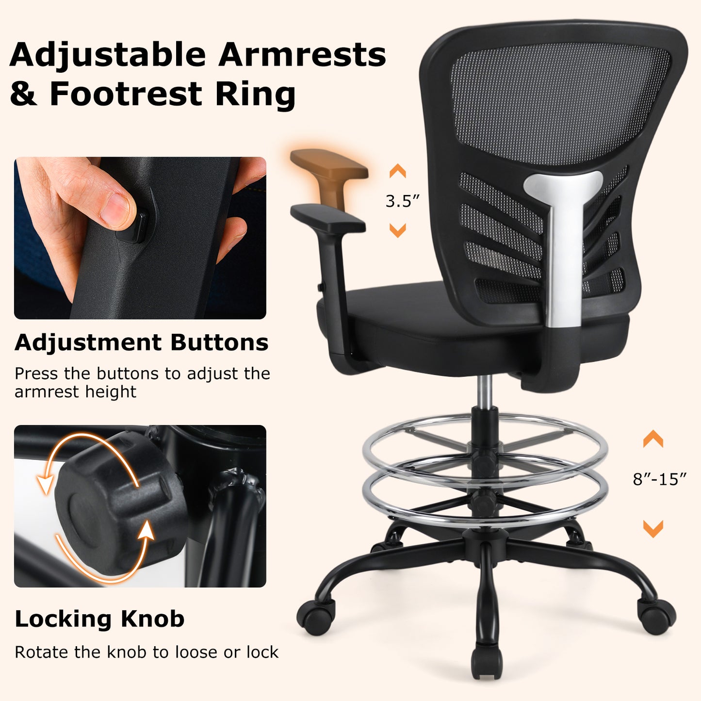 Mesh Drafting Chair with Adjustable Footrest Ring