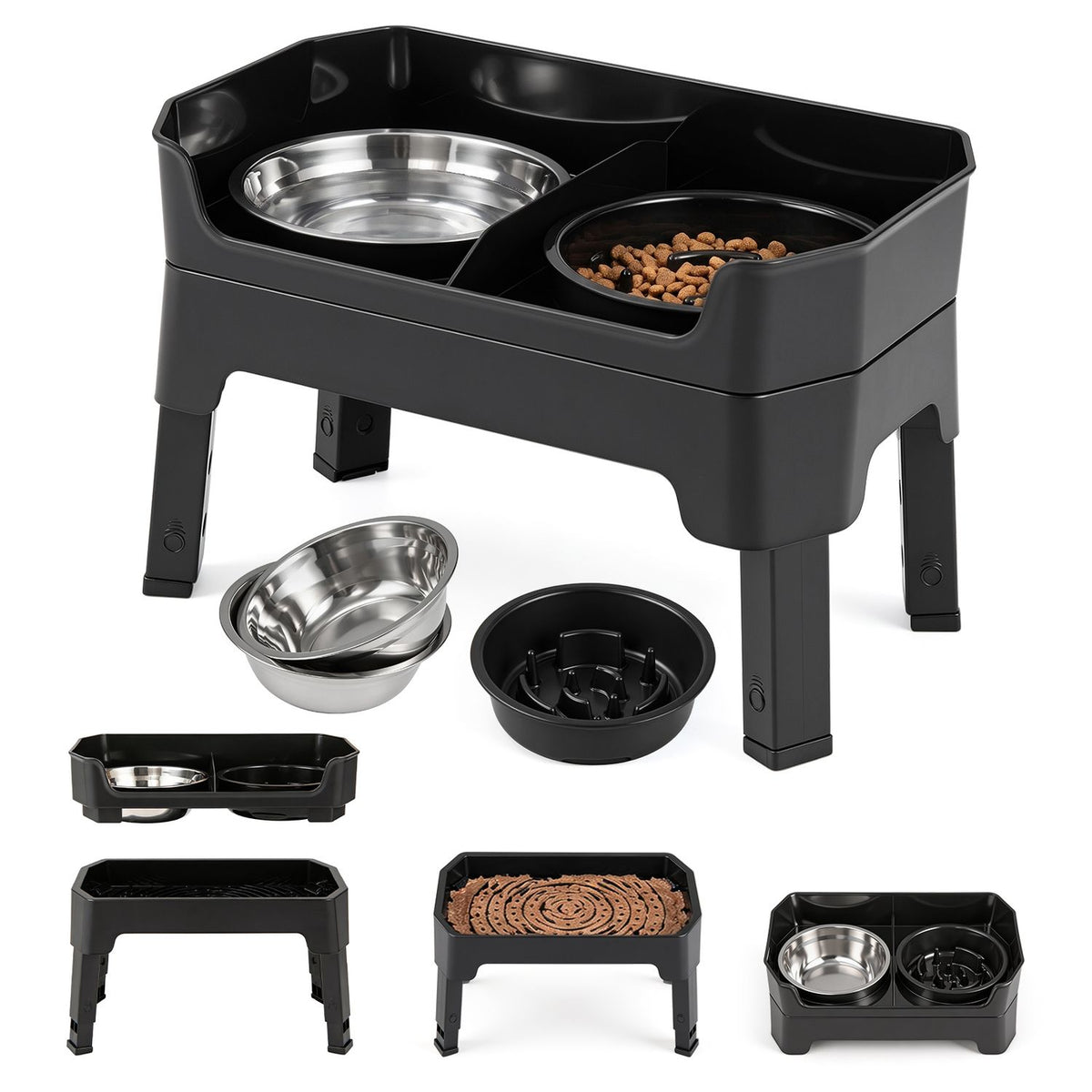 Mess Proof Elevated Dog Bowls with 4 Adjustable Heights with Licking Plate-Black