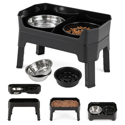 Mess Proof Elevated Dog Bowls with 4 Adjustable Heights with Licking Plate-Black