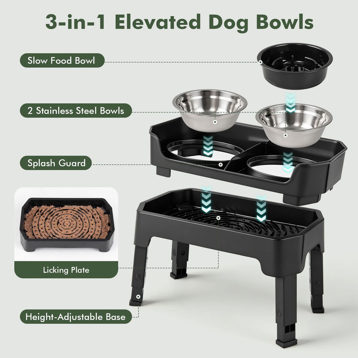 Mess Proof Elevated Dog Bowls with 4 Adjustable Heights with Licking Plate-Black