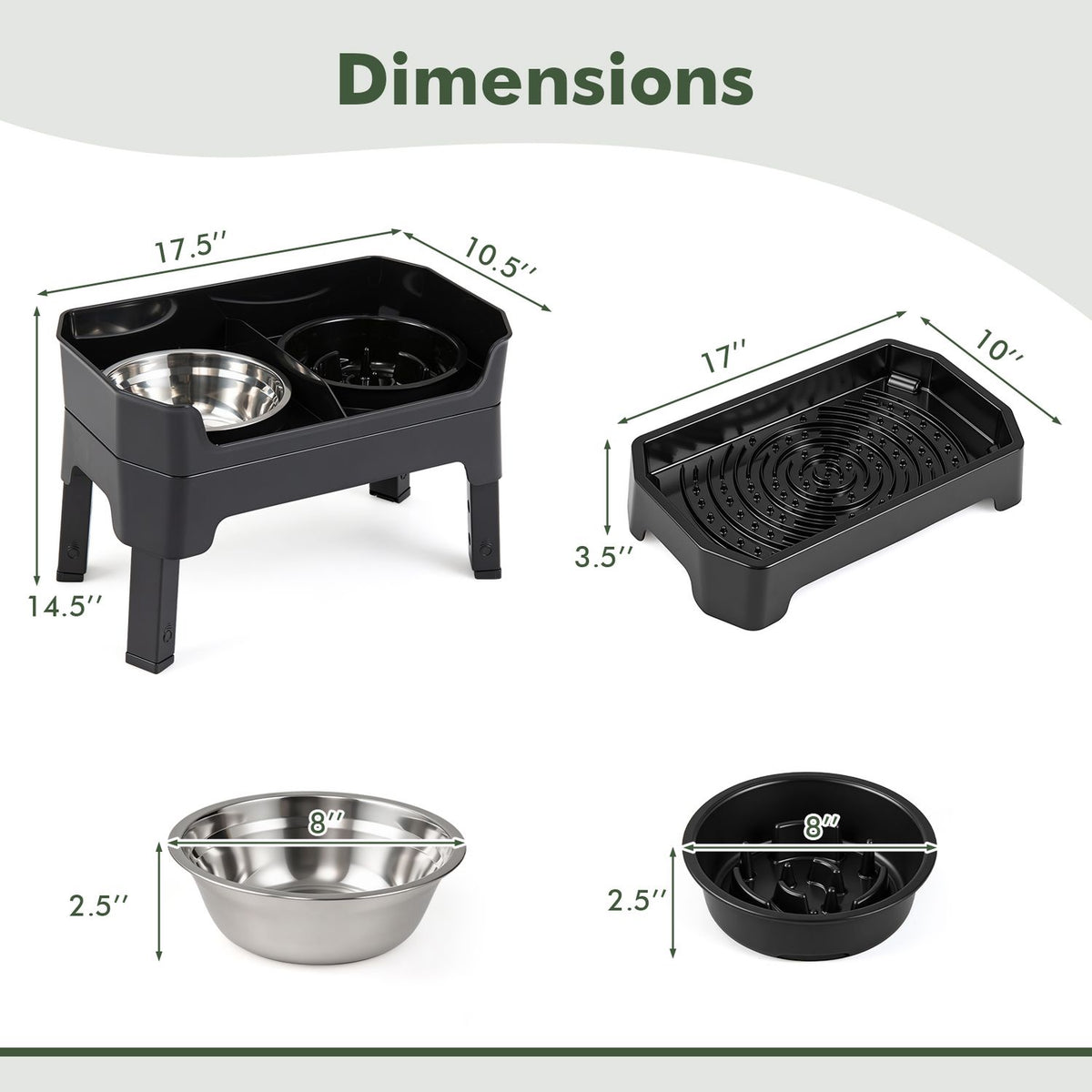 Mess Proof Elevated Dog Bowls with 4 Adjustable Heights with Licking Plate-Black