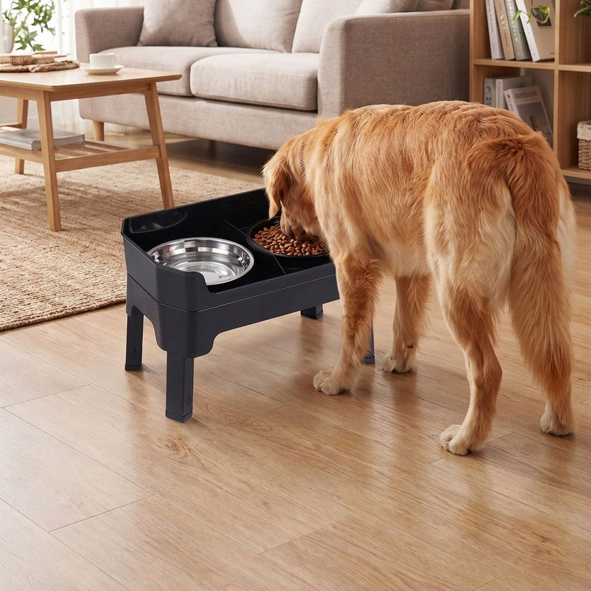 Mess Proof Elevated Dog Bowls with 4 Adjustable Heights with Licking Plate-Black