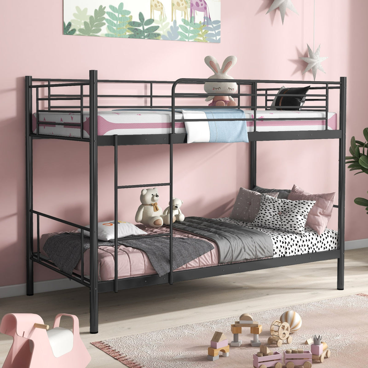 Metal Bunk Bed with Ladder and Full-length Guardrails