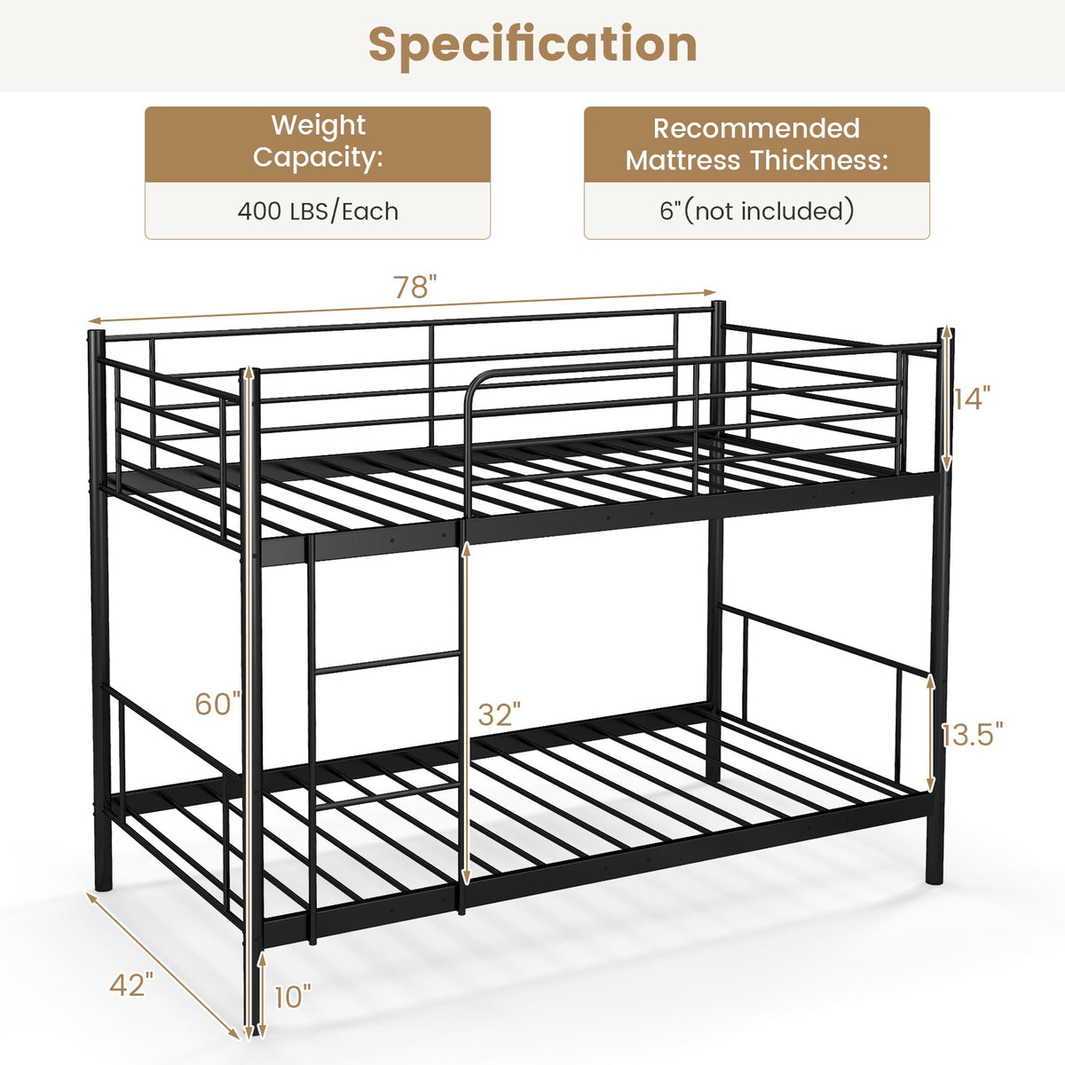 Metal Bunk Bed with Ladder and Full-length Guardrails