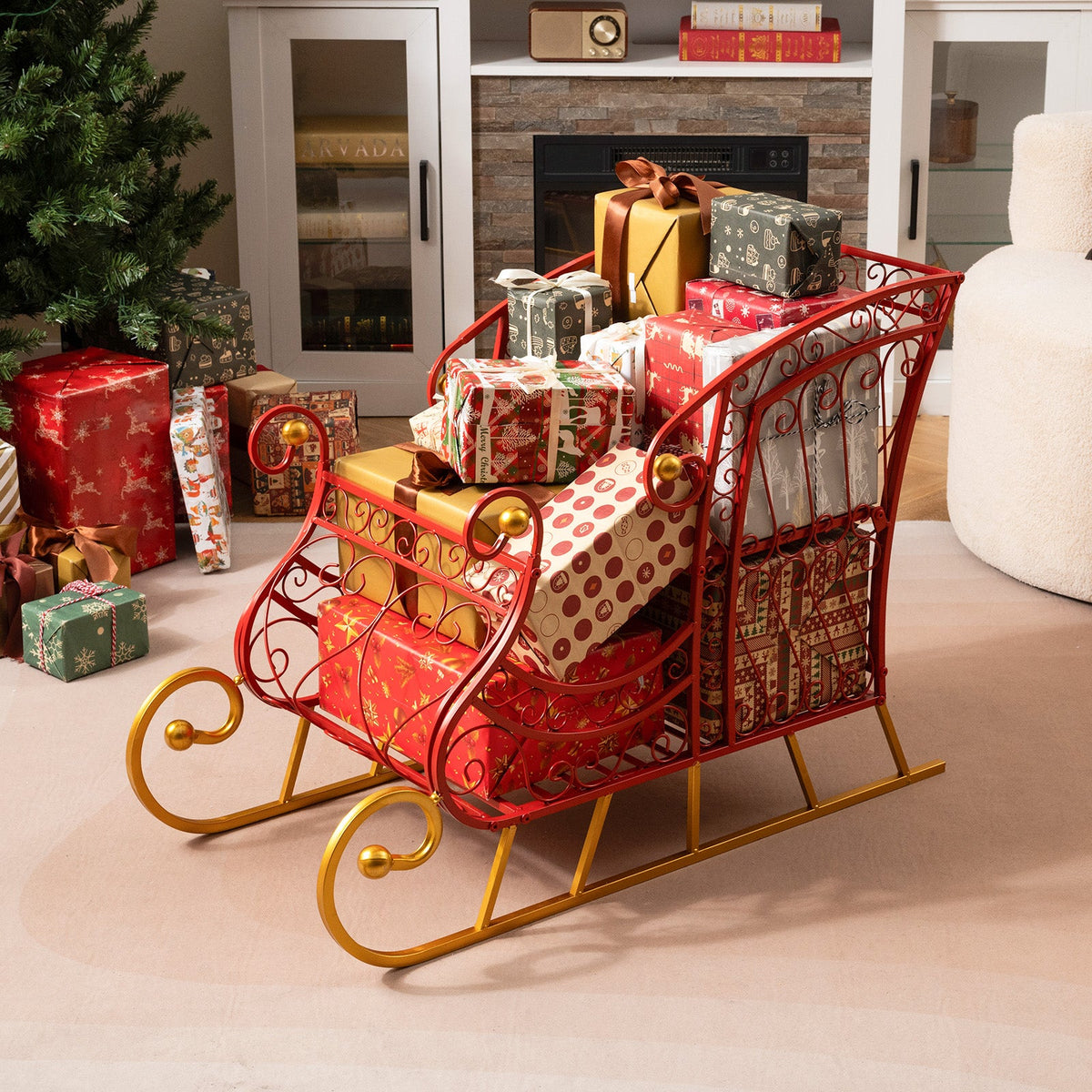 Metal Christmas Santa Sleigh Basket 2-Tier Xmas Santa's Gift Storage Sleigh