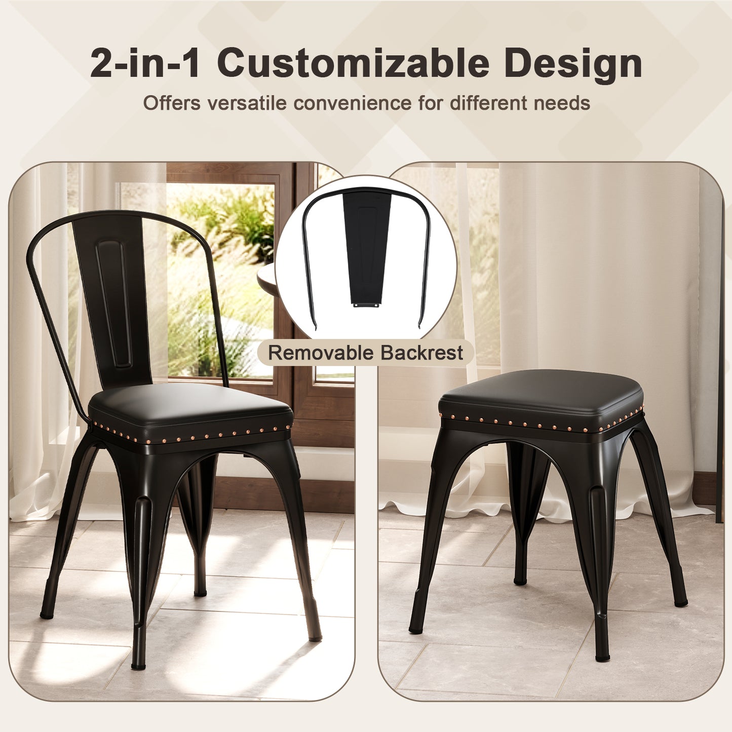 Stackable Metal Dining Chairs Set of 4 with Cushioned Seats
