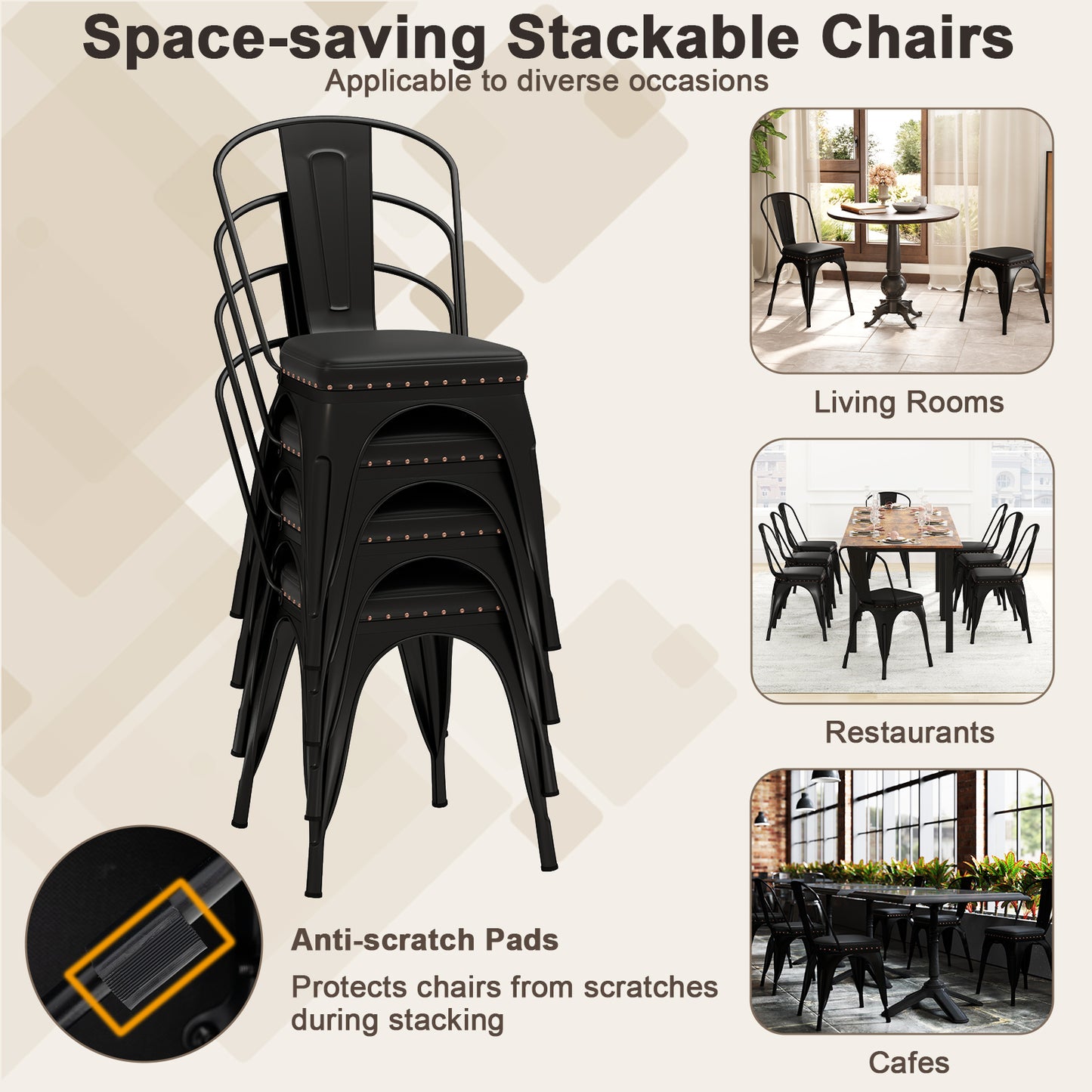 Stackable Metal Dining Chairs Set of 4 with Cushioned Seats
