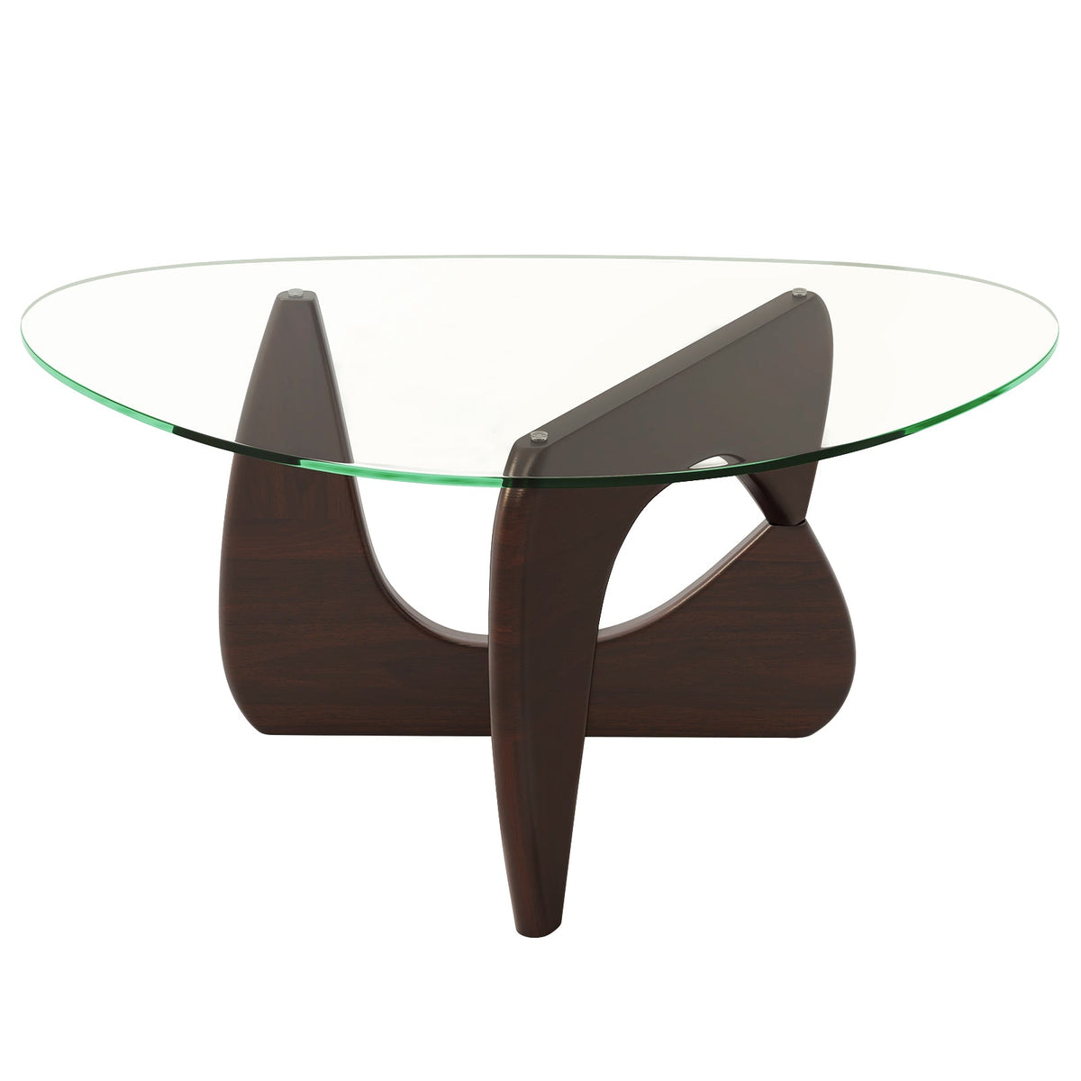 Triangle Coffee Table with Tempered Glass Top and Adjustable Rubber Wood Base