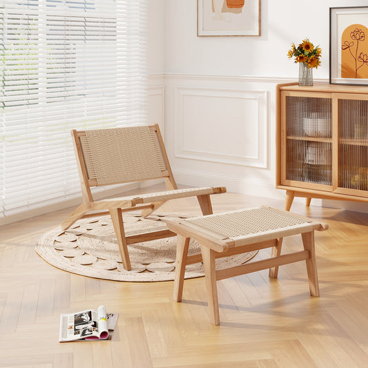 Teak Accent Chair with Ottoman - Braided Rope Design