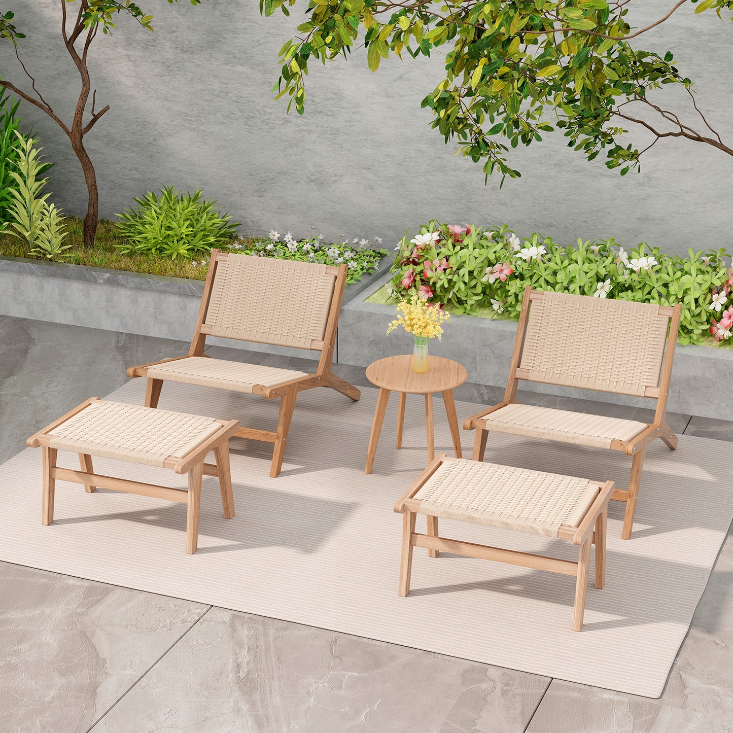 Teak Accent Chair with Ottoman - Braided Rope Design