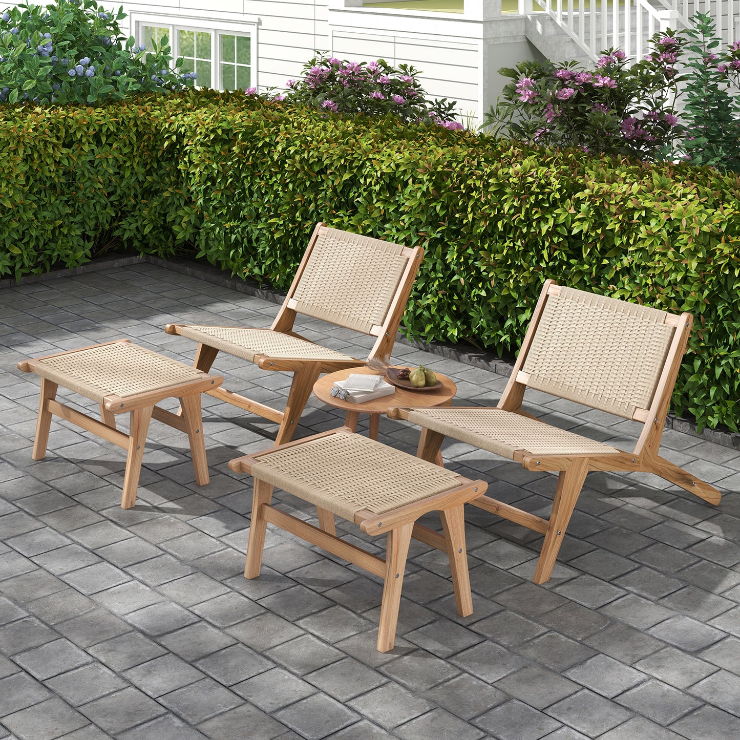 Teak Accent Chair with Ottoman - Braided Rope Design