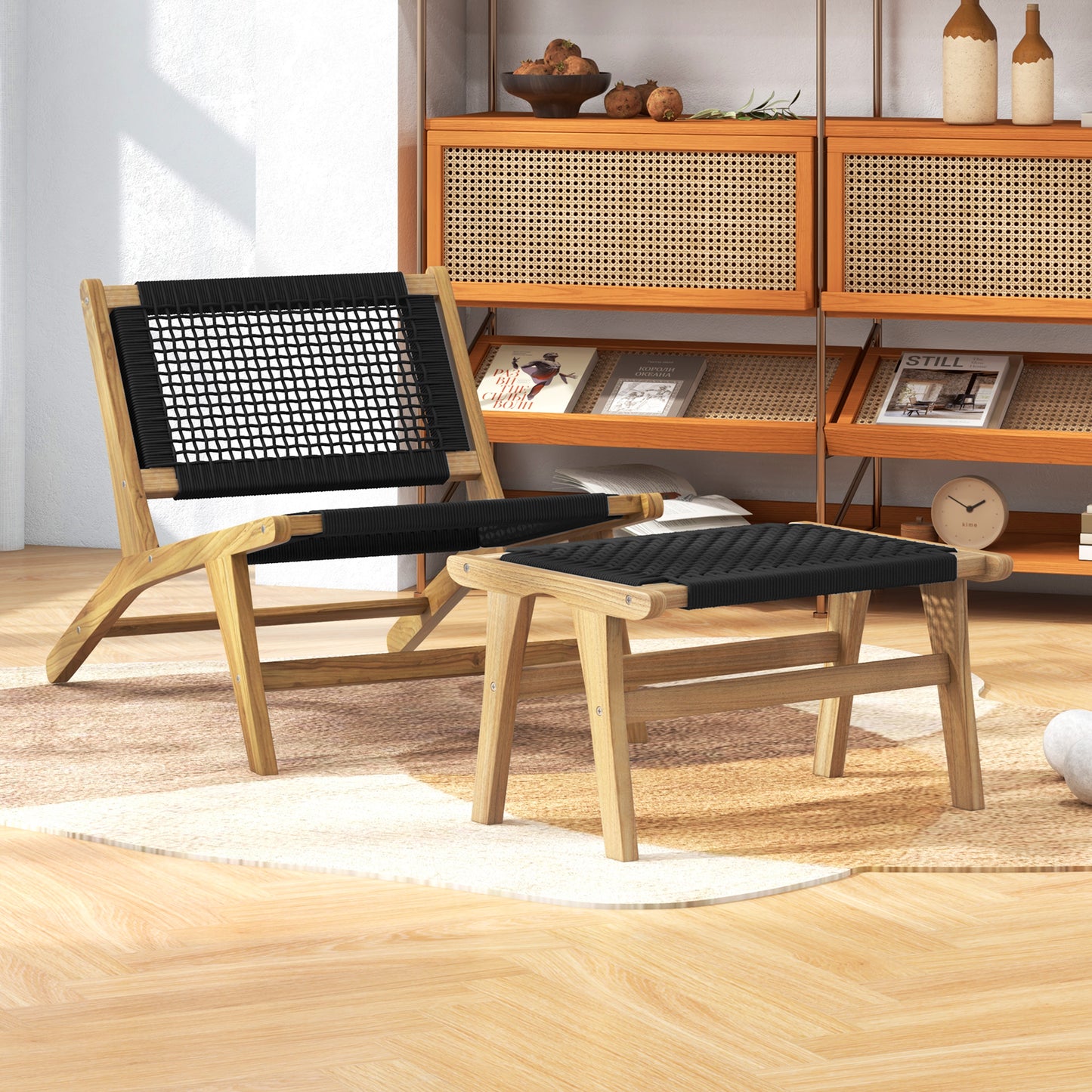 Handwoven Teak Accent Chair with Ottoman