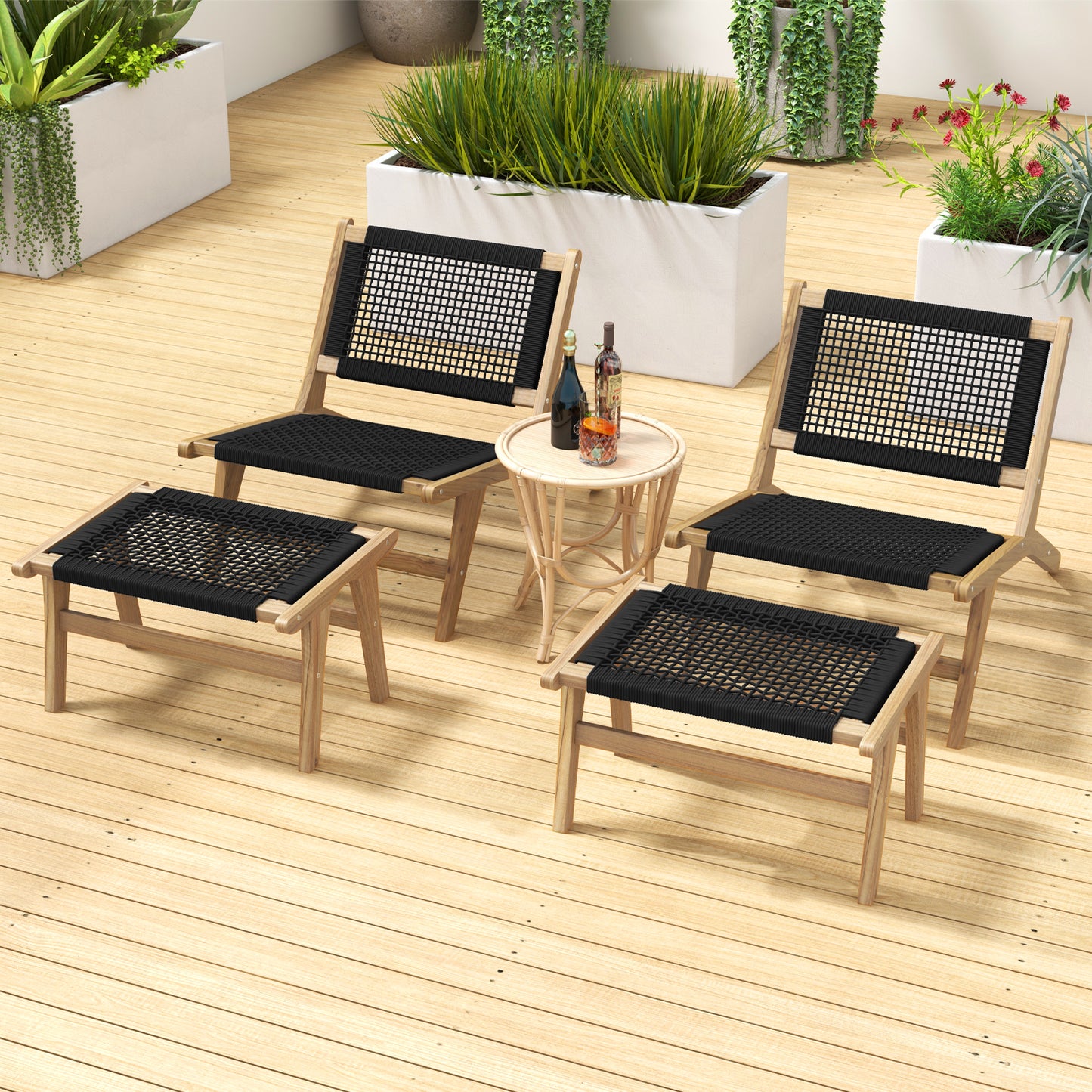 Handwoven Teak Accent Chair with Ottoman