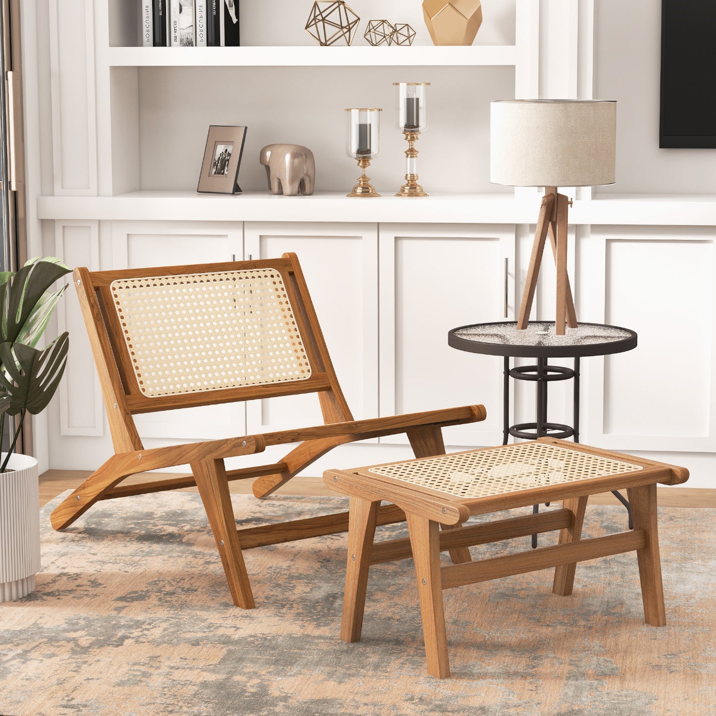 Handwoven Rattan Accent Chair with Ottoman in Teak