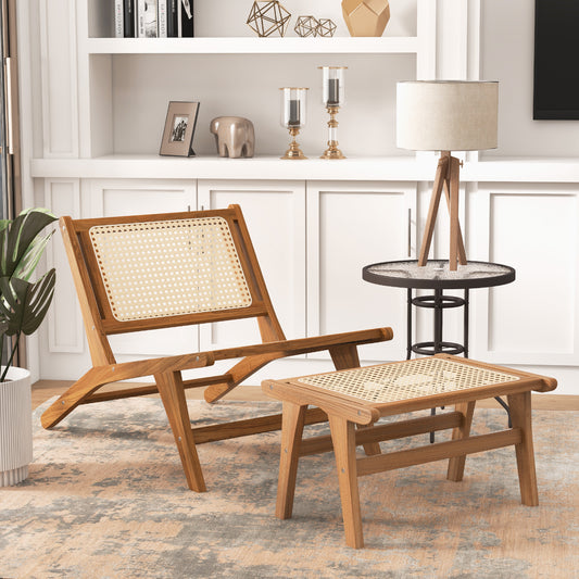 Handwoven Rattan Accent Chair with Ottoman in Teak