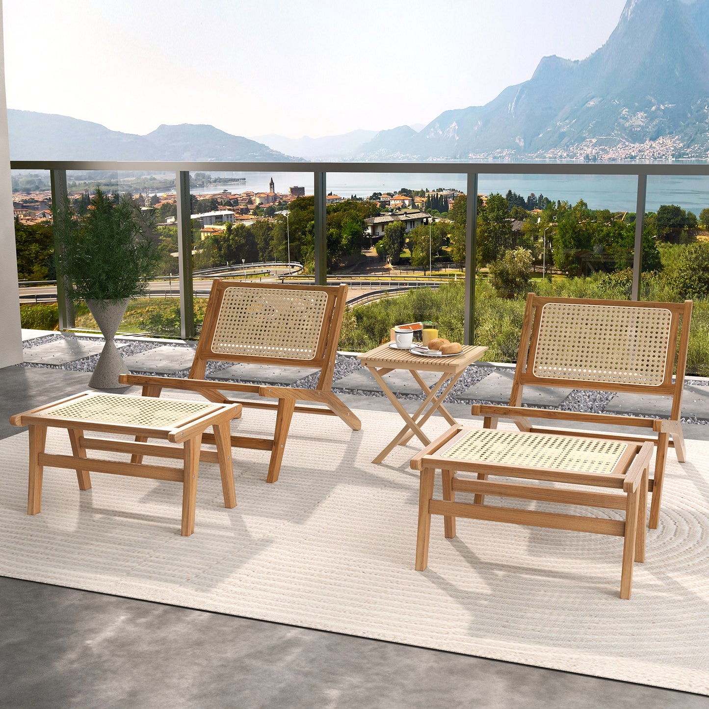 Handwoven Rattan Accent Chair with Ottoman in Teak