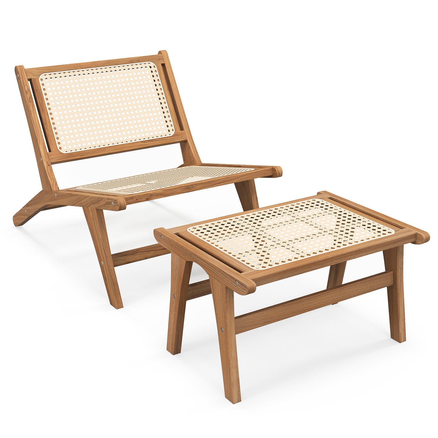Handwoven Rattan Accent Chair with Ottoman in Teak