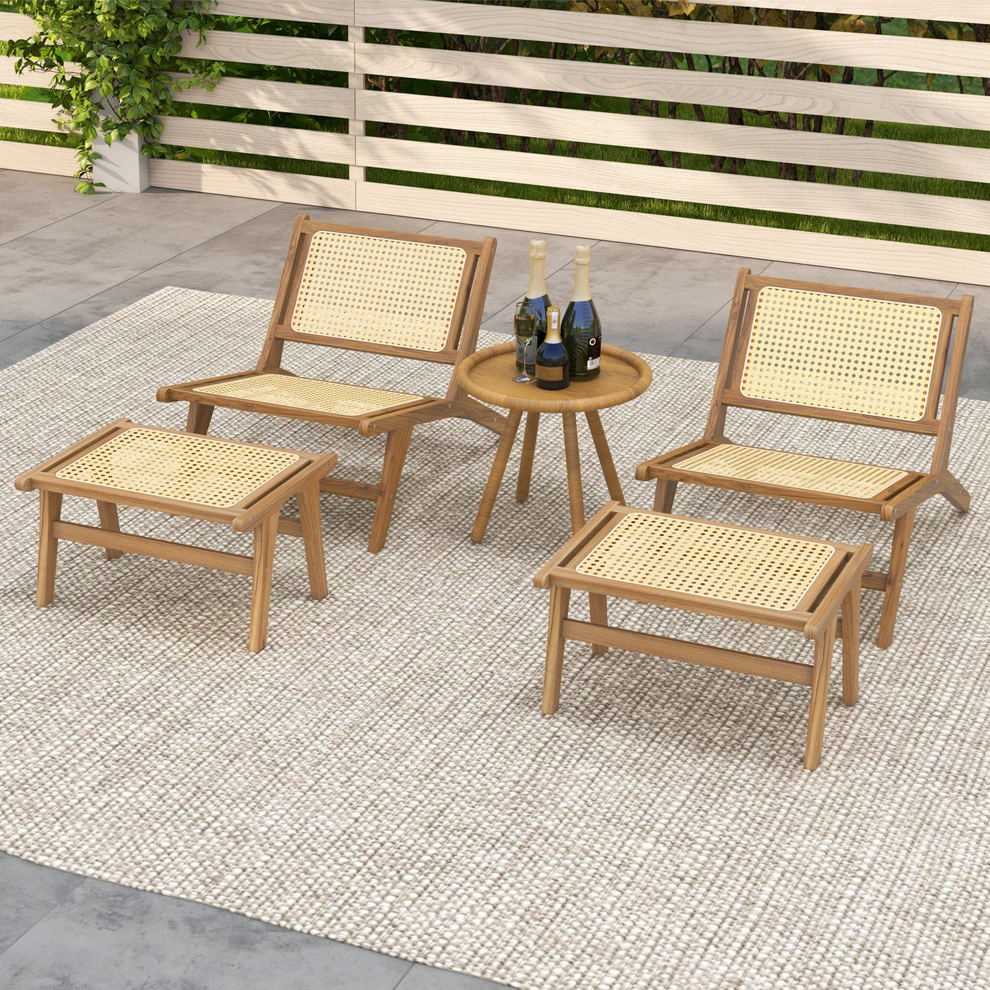 Handwoven Rattan Accent Chair with Ottoman in Teak