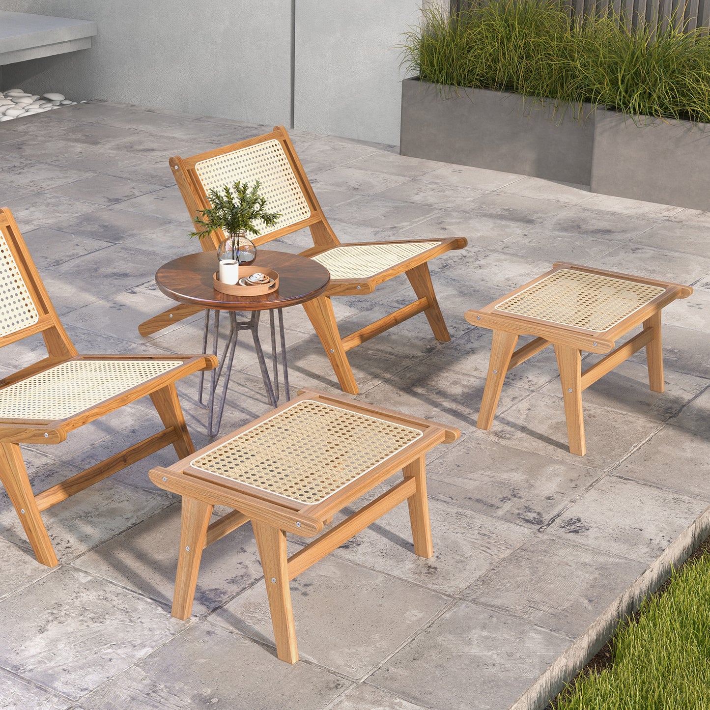 Handwoven Rattan Accent Chair with Ottoman in Teak