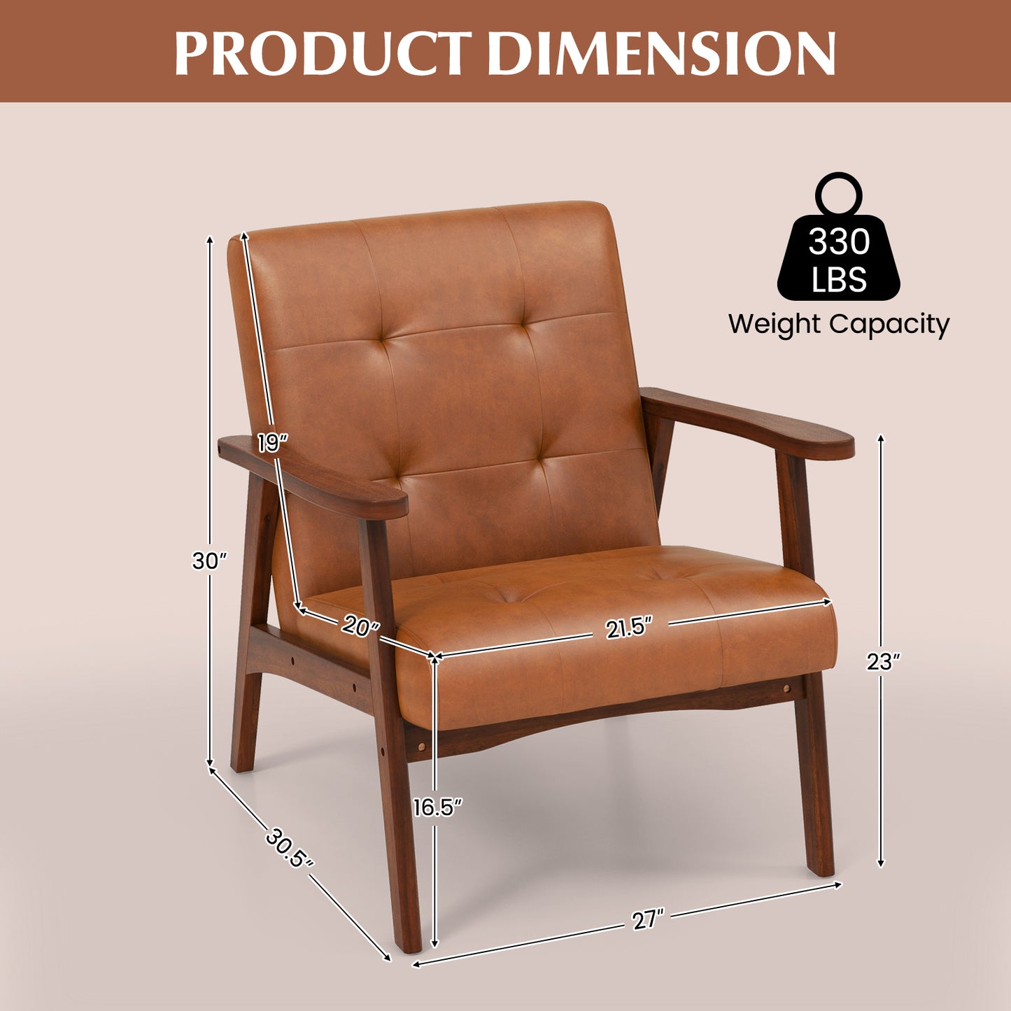 Mid Century Accent Chair with Tufted Leather Upholstery