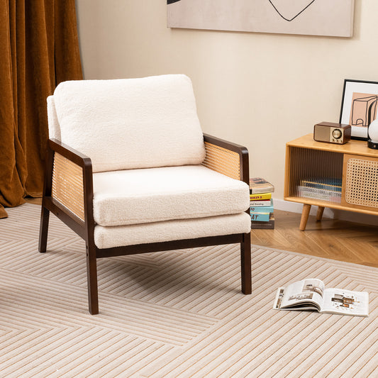 Mid Century Accent Chair with Rattan Arms and Cushion