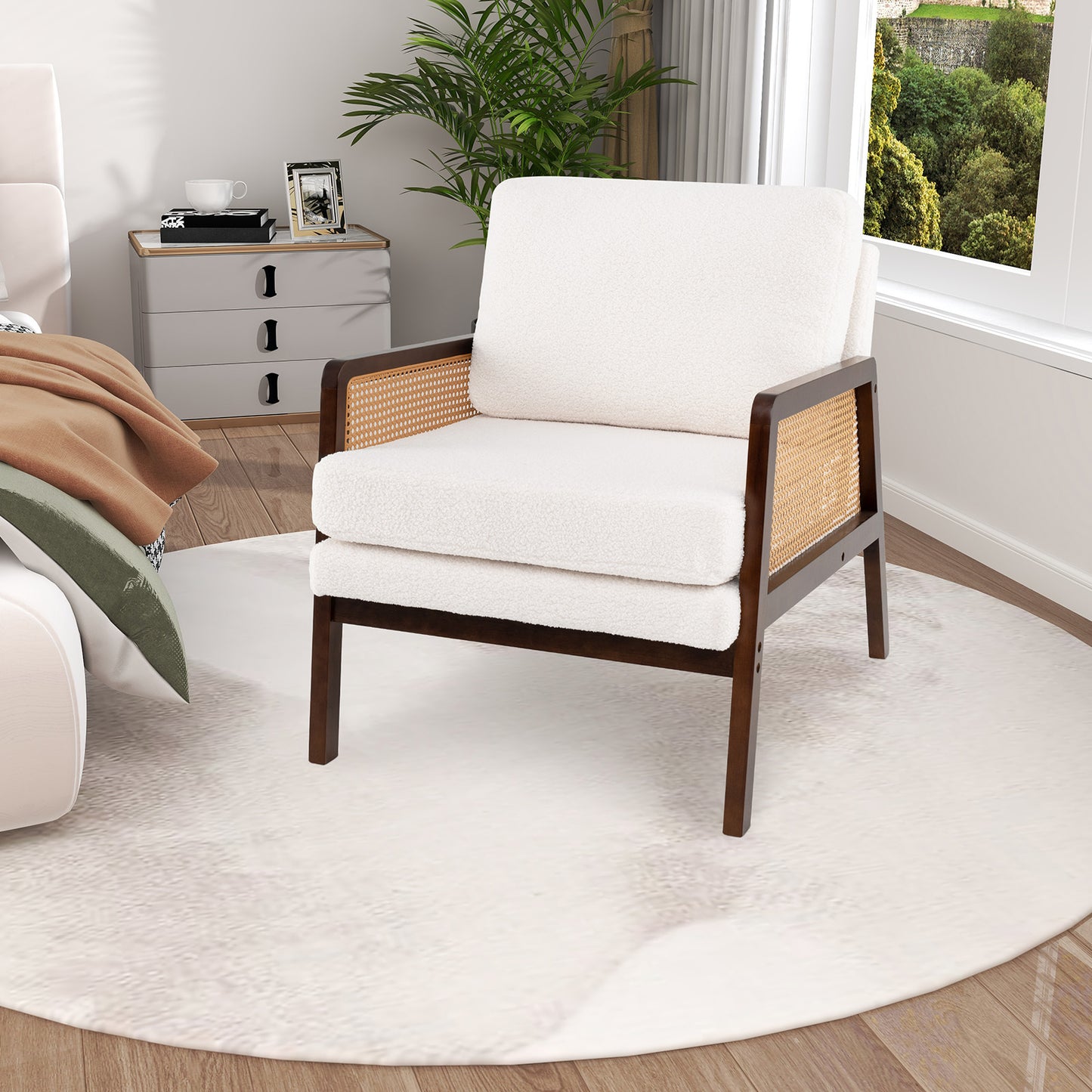 Mid Century Accent Chair with Rattan Arms and Cushion