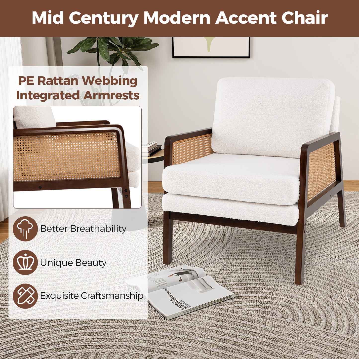 Mid Century Accent Chair with Rattan Arms and Cushion