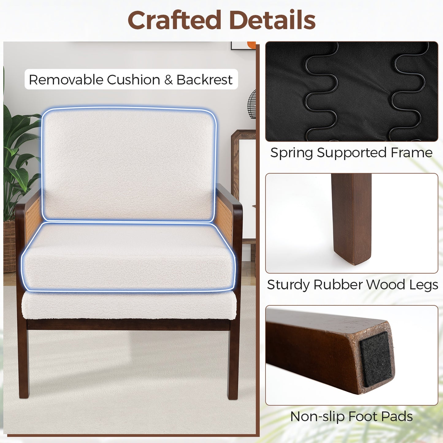 Mid Century Accent Chair with Rattan Arms and Cushion