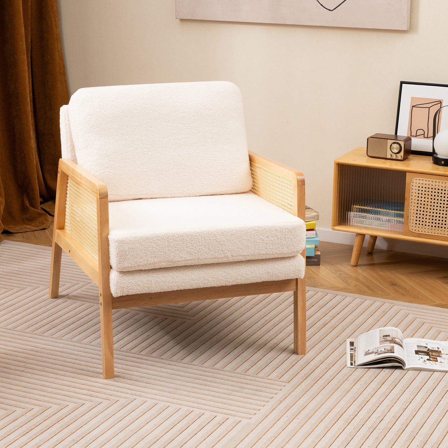 Mid Century Accent Chair with Rattan Arms and Cushion