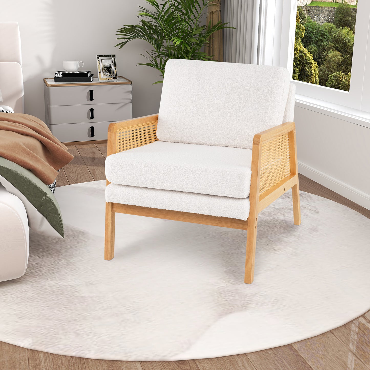 Mid Century Accent Chair with Rattan Arms and Cushion