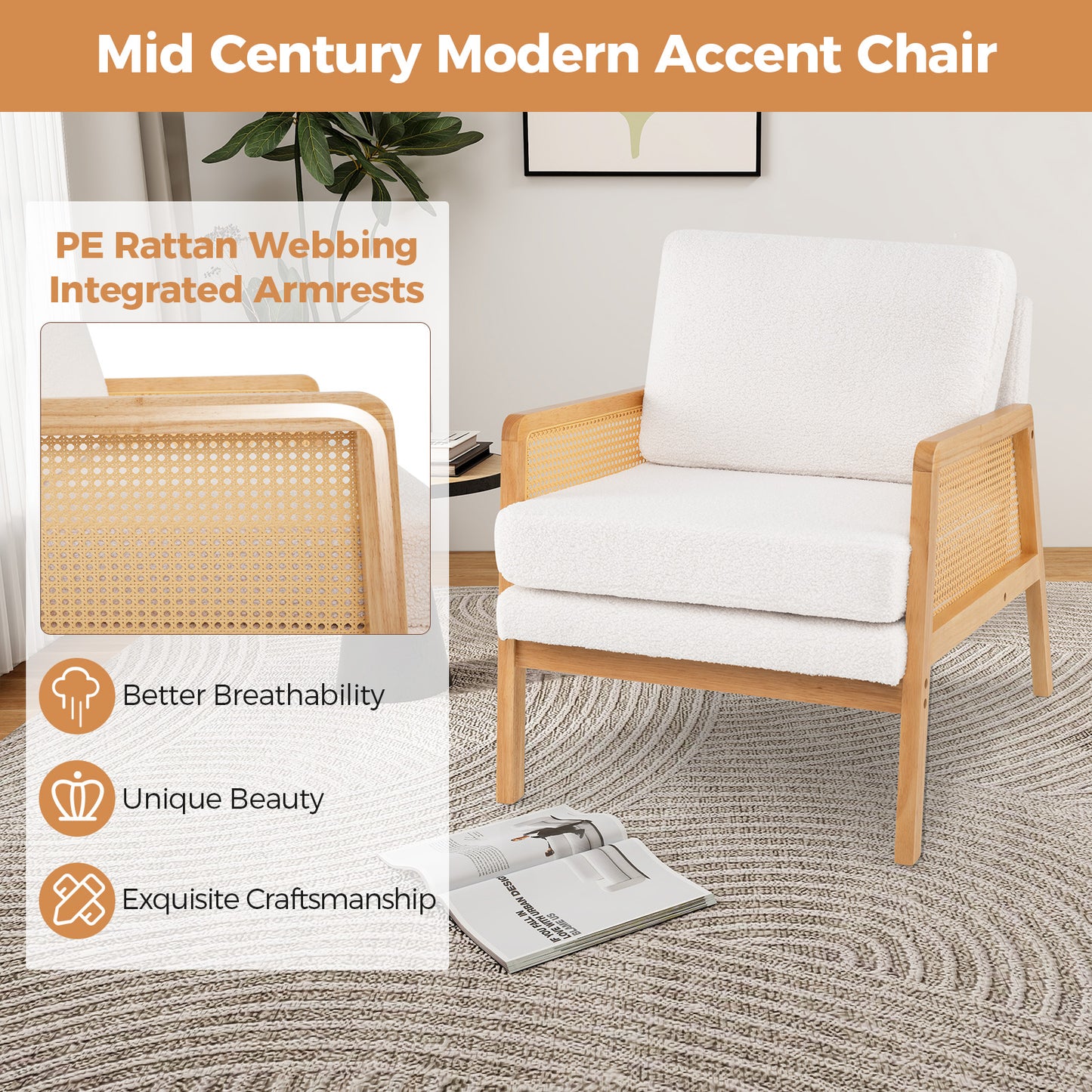 Mid Century Accent Chair with Rattan Arms and Cushion