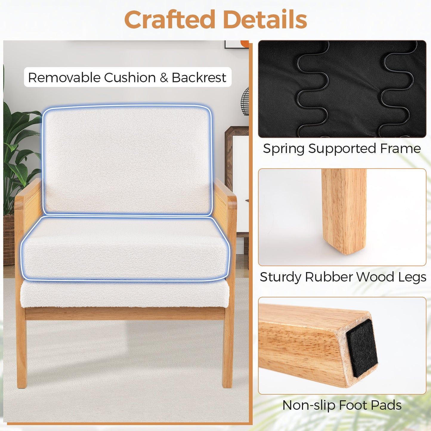 Mid Century Accent Chair with Rattan Arms and Cushion