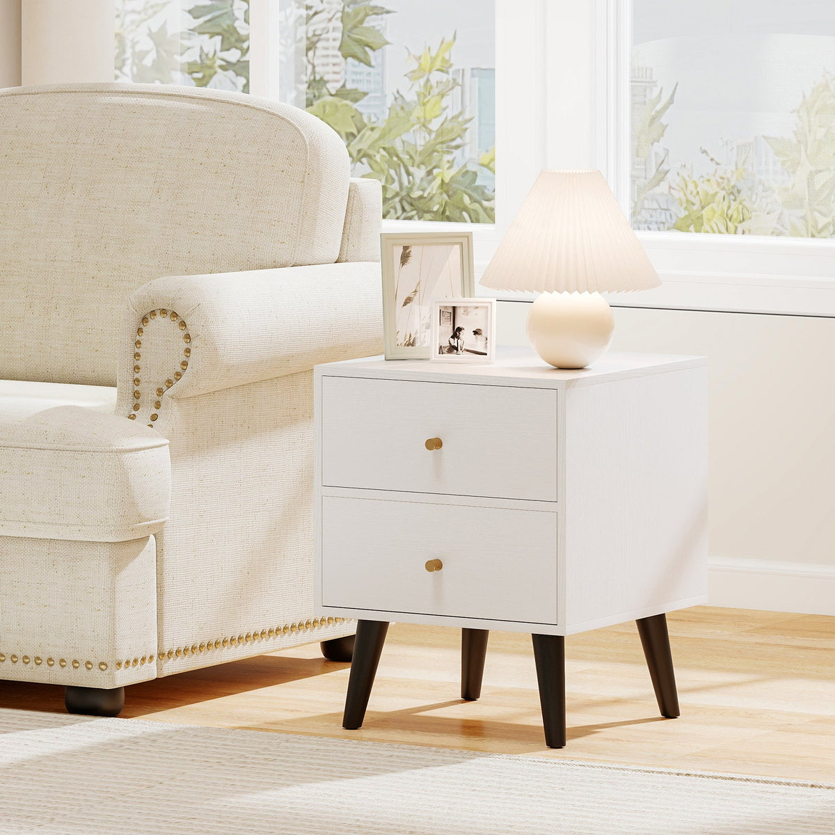 Mid Century Modern Bedside Table Nightstand with Golden Knobs and Raised Support Legs-White