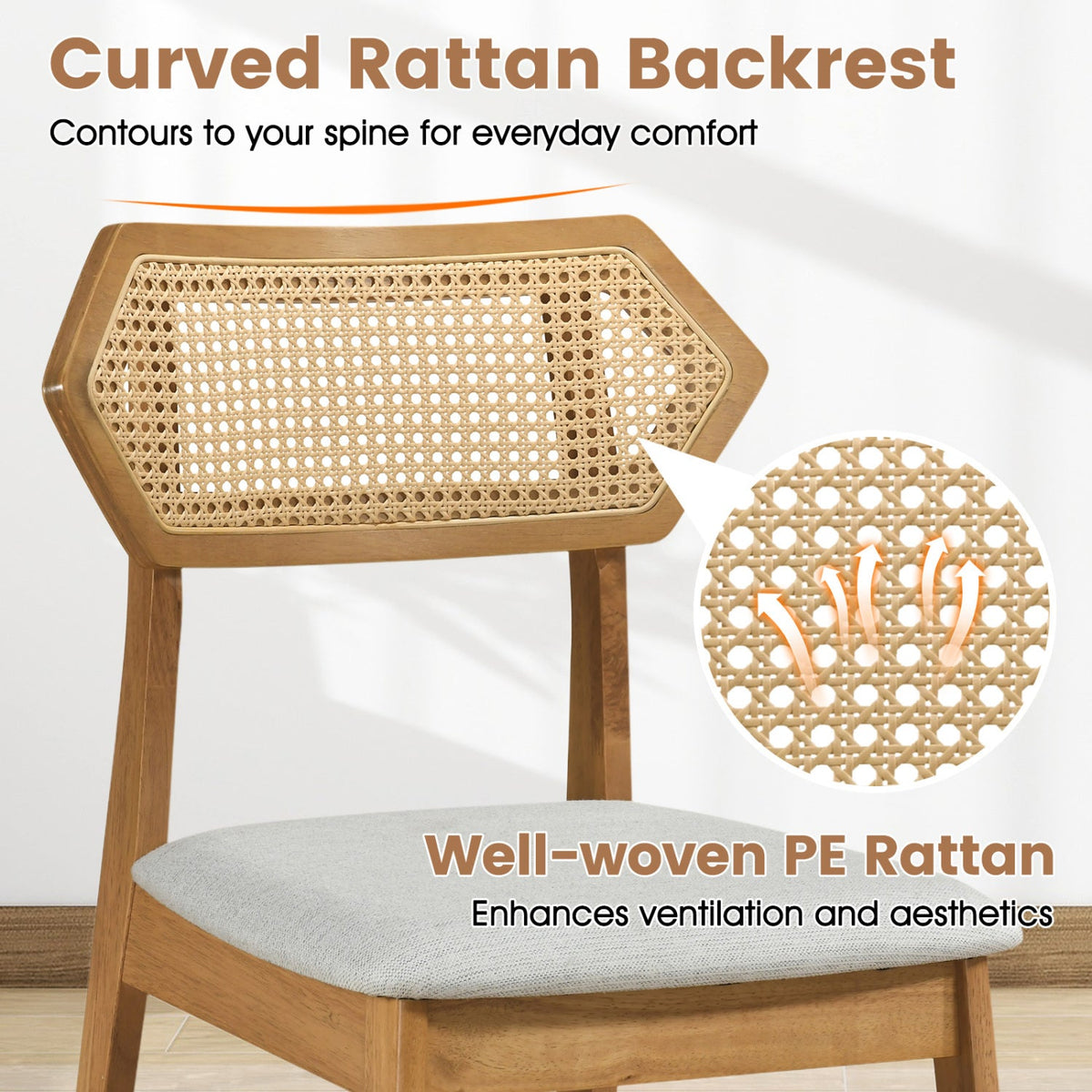 Mid Century Rattan Dining Chairs Set of 2 with Wood Frame