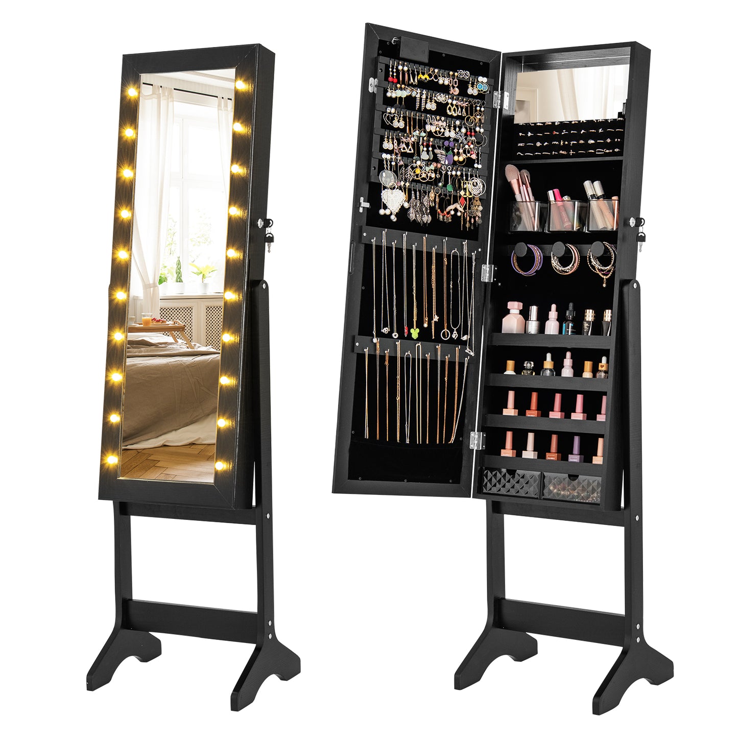 Jewelry Armoire Cabinet with Full-Length Mirror and LED Lights