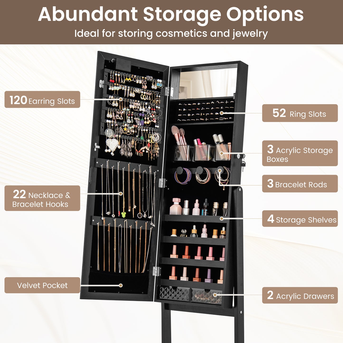 Jewelry Armoire Cabinet with Full-Length Mirror and LED Lights