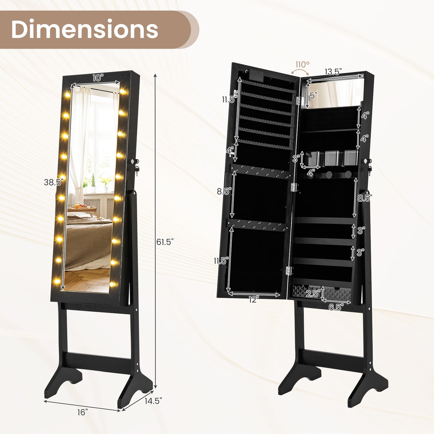 Jewelry Armoire Cabinet with Full-Length Mirror and LED Lights
