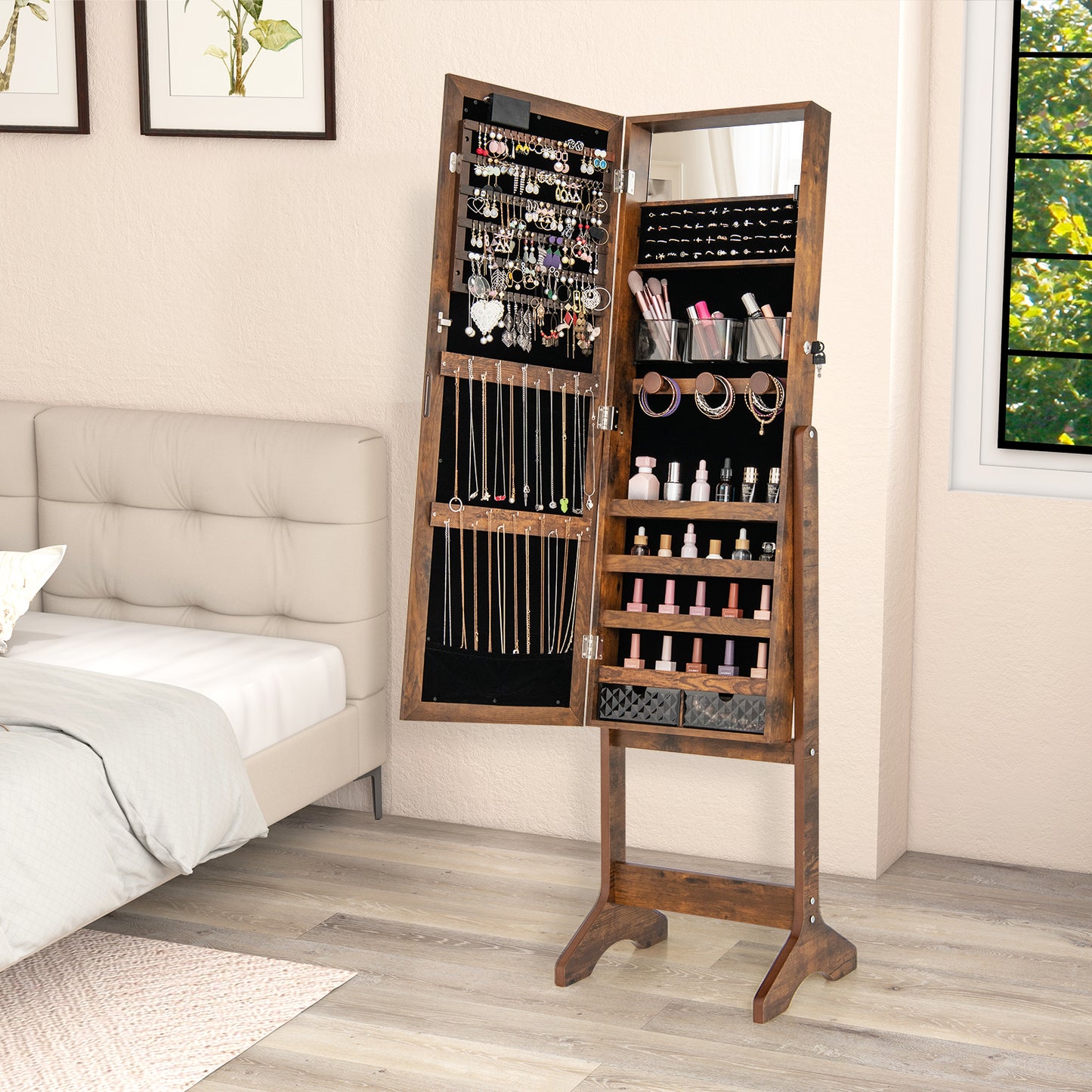 Jewelry Armoire Cabinet with Full-Length Mirror and LED Lights