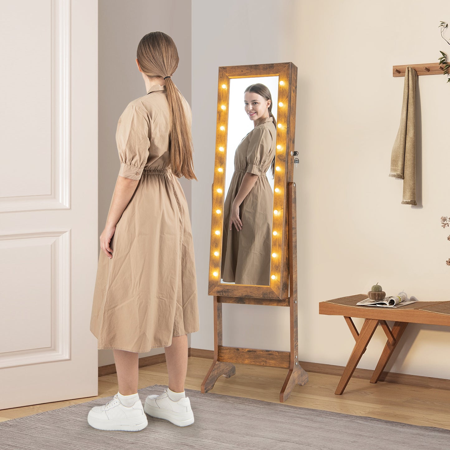 Jewelry Armoire Cabinet with Full-Length Mirror and LED Lights