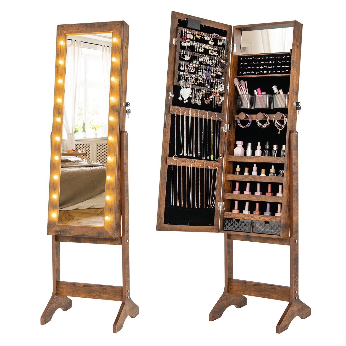 Jewelry Armoire Cabinet with Full-Length Mirror and LED Lights
