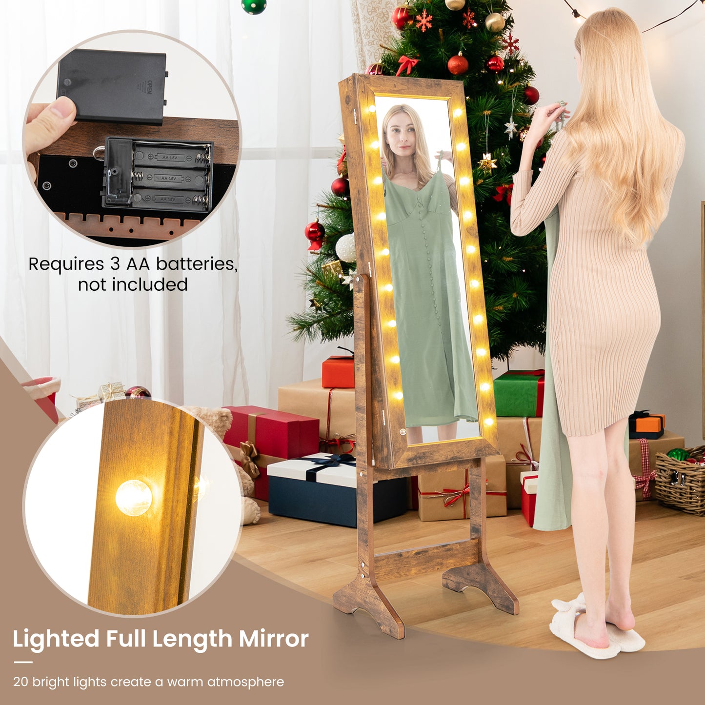 Jewelry Armoire Cabinet with Full-Length Mirror and LED Lights