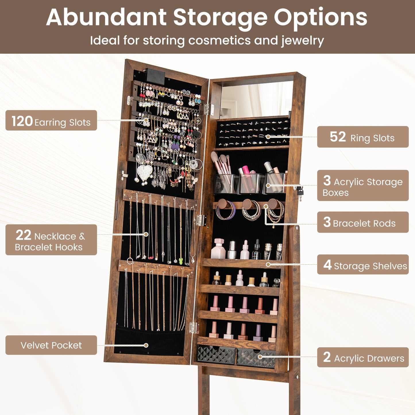 Jewelry Armoire Cabinet with Full-Length Mirror and LED Lights