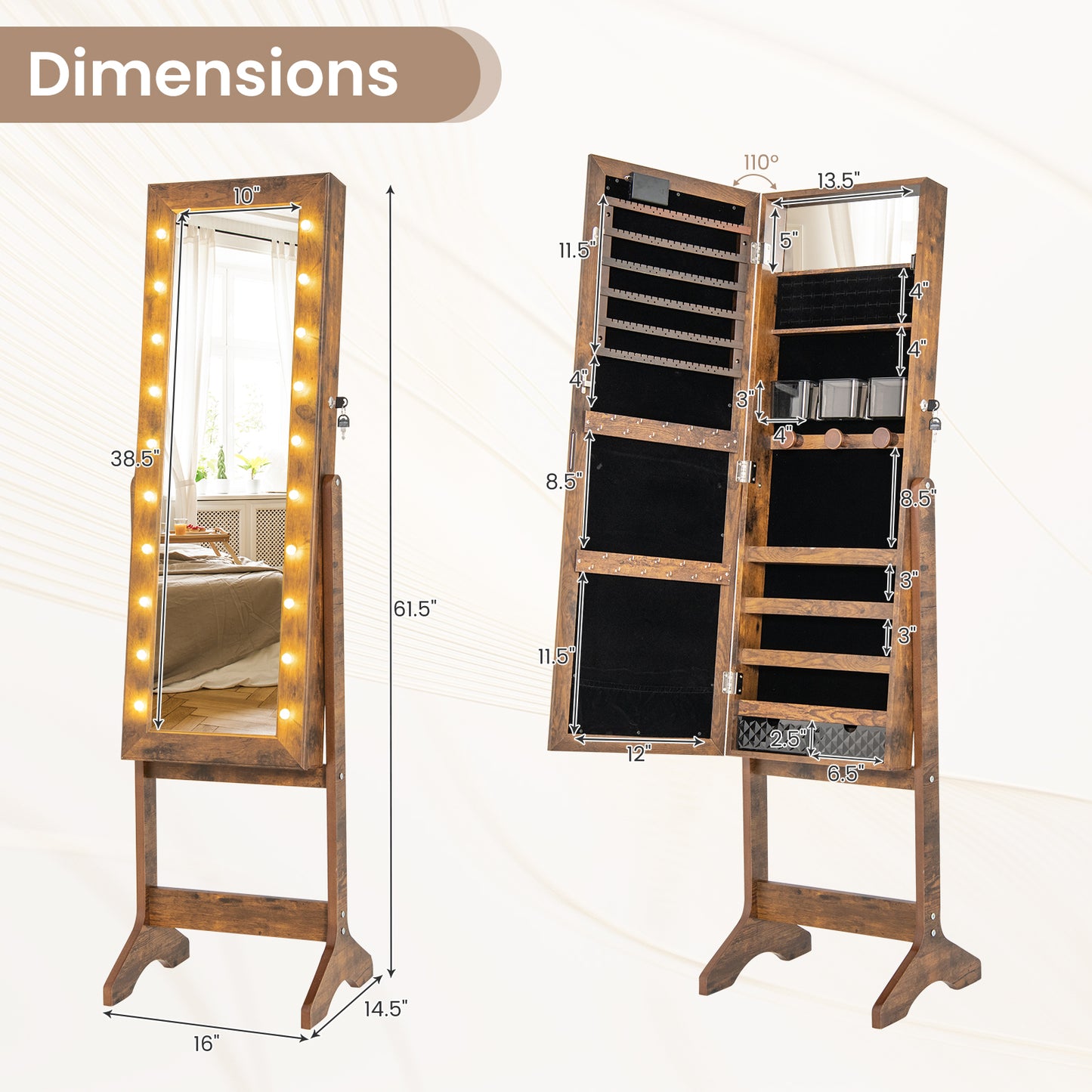 Jewelry Armoire Cabinet with Full-Length Mirror and LED Lights