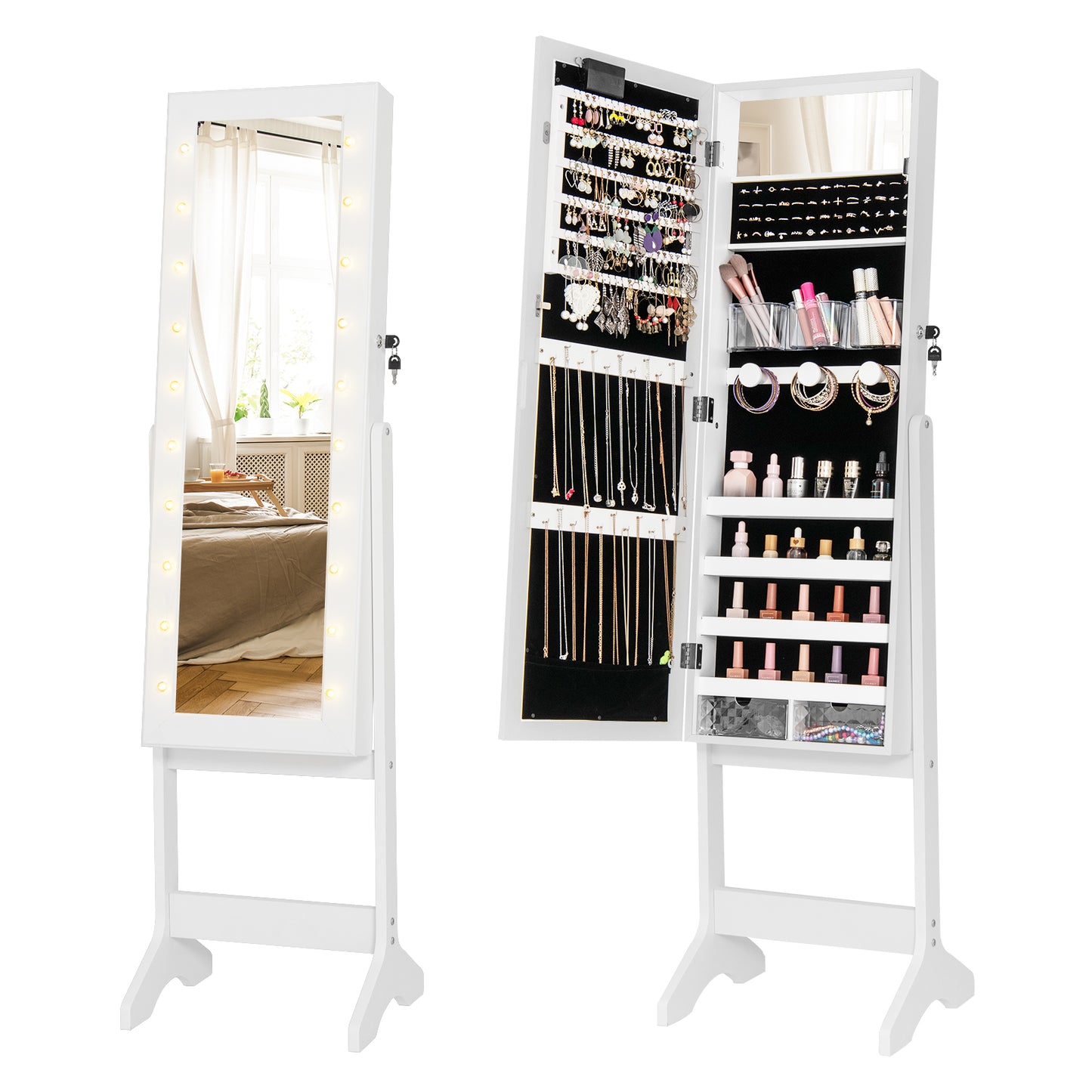 Jewelry Armoire Cabinet with Full-Length Mirror and LED Lights