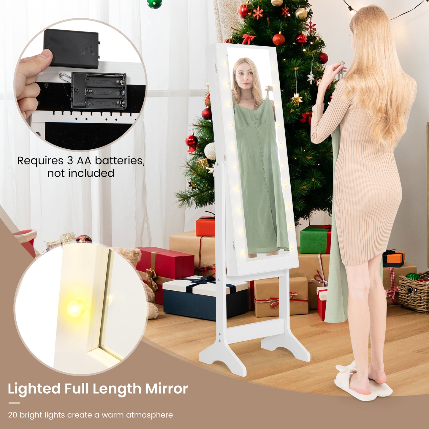 Jewelry Armoire Cabinet with Full-Length Mirror and LED Lights