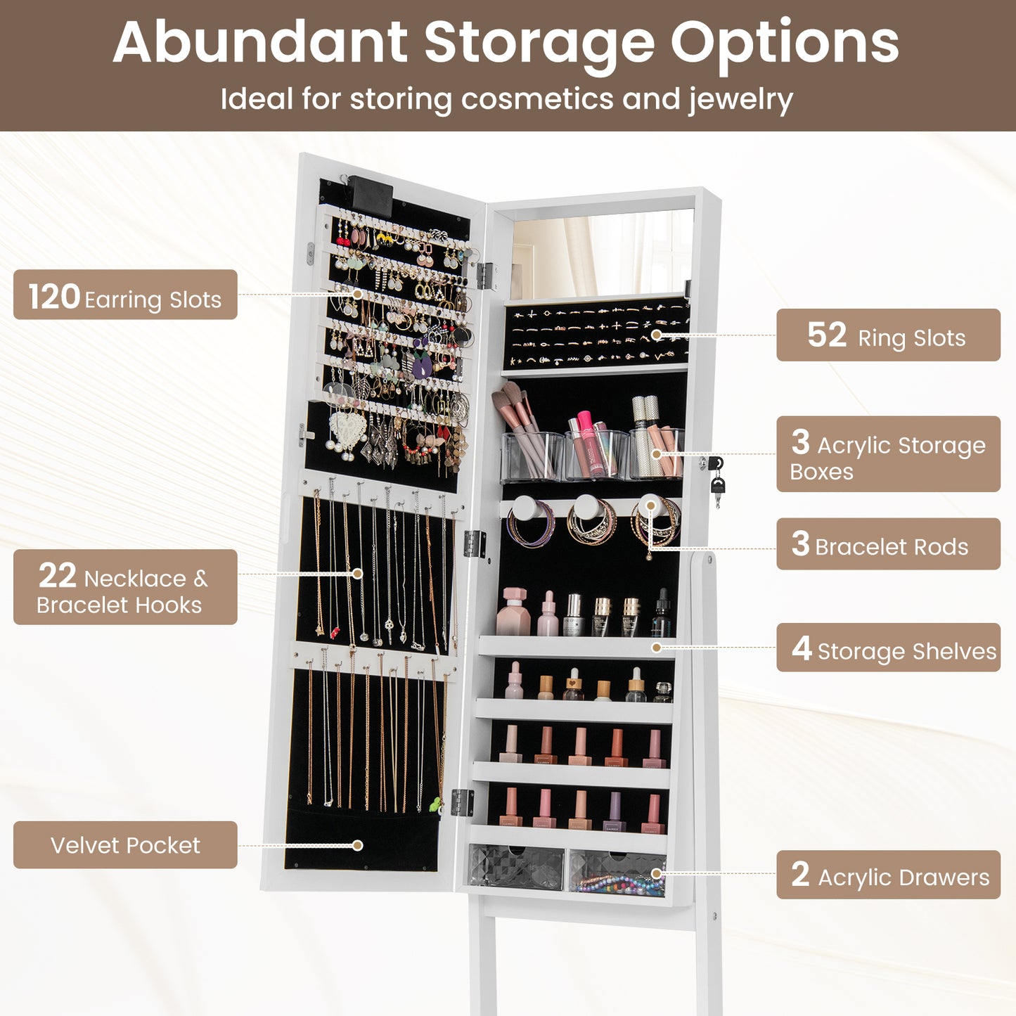 Jewelry Armoire Cabinet with Full-Length Mirror and LED Lights